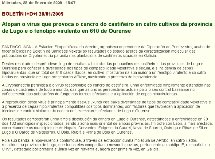 Atopan o virus que provoca o cancro do castieiro en catro cultivos da provincia de Lugo e o fenotipo virulento en 610 de Ourense