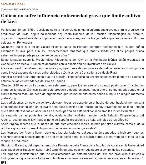 Galicia non sofre a influencia de ninguna enfermidade grave que limite o cultivo do kiwi