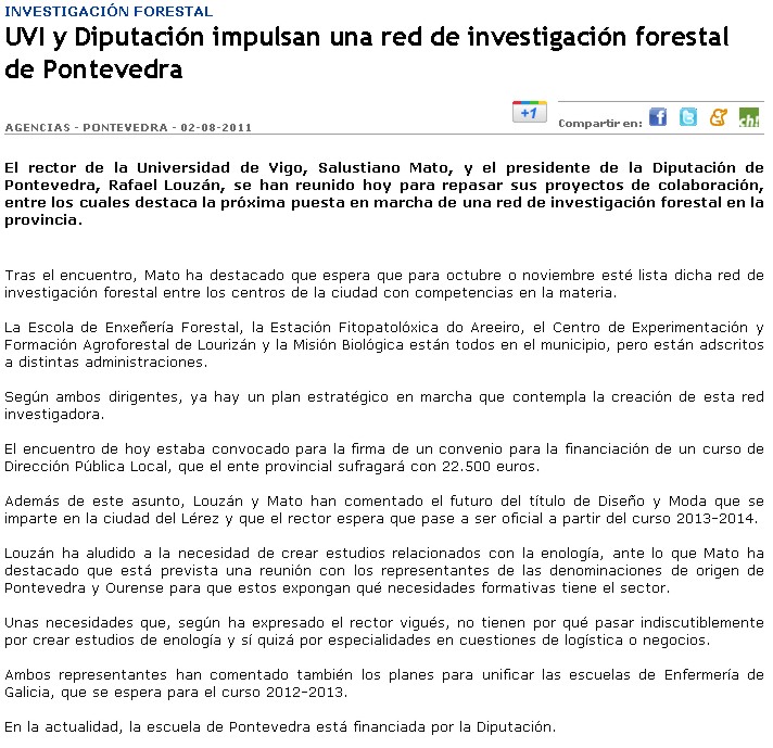 UVI e Deputacin impulsan unha rede de investigacin forestal de Pontevedra