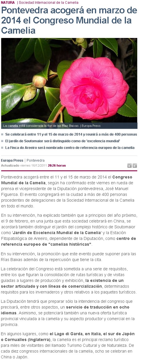 Pontevedra acoger en marzo de 2014 el Congreso Mundial de la Camelia